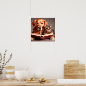 Kat en hond lezen van een boek poster (Keuken)