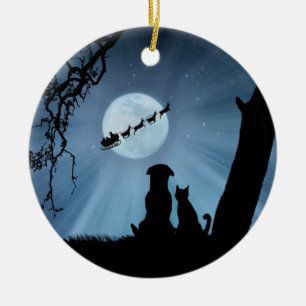 Kat en hond met Kerstman en slee Keramisch Ornament