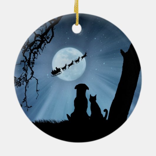 Kat en hond met Kerstman en slee Keramisch Ornament (Achterkant)