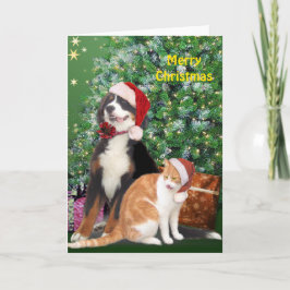 Kat en hond met Santa Hats Feestdagen Kaart