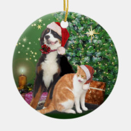 Kat en hond met Santa Hats Keramisch Ornament