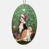 Kat en hond met Santa Hats Keramisch Ornament (Links)