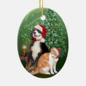 Kat en hond met Santa Hats Keramisch Ornament (Achterkant)