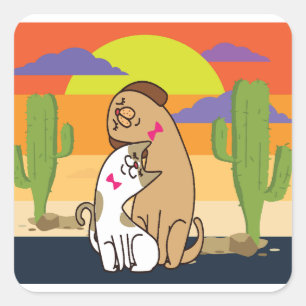 Kat en hond met zonsondergang vierkante sticker