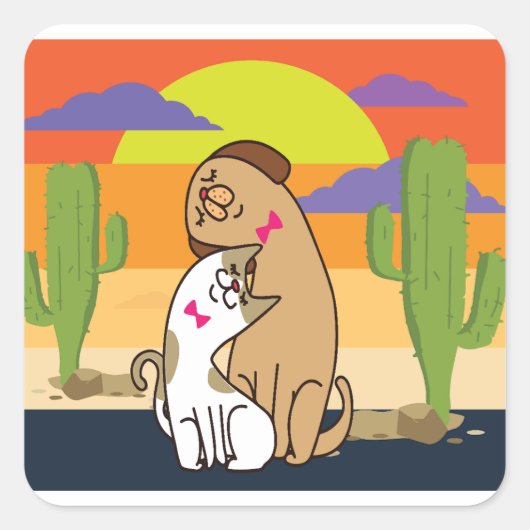 Kat en hond met zonsondergang vierkante sticker (Voorkant)