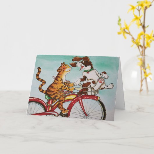 Kat en Hond op Fiets Kaart (Gele Bloem)