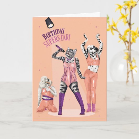 Kat en Hond Verjaardag Superstar Kaart (Gele Bloem)
