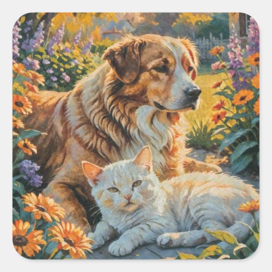Kat en hond vierkante sticker (Voorkant)