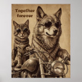 Kat en hond voor altijd samen bikers poster (Voorkant)