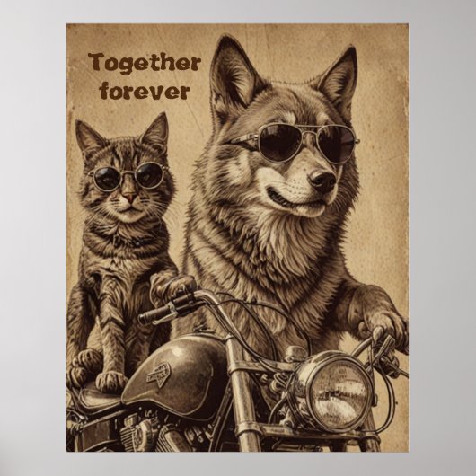 Kat en hond voor altijd samen bikers poster (Voorkant)
