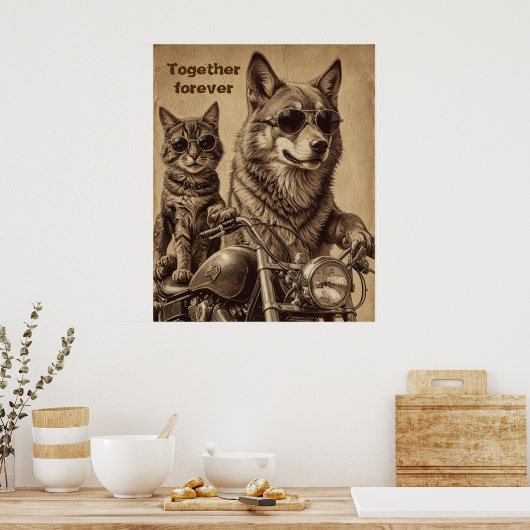 Kat en hond voor altijd samen bikers poster (Keuken)