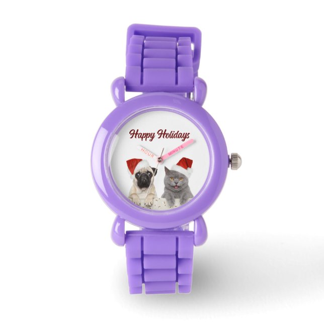 Kat en Hond Vrolijk Kerstfeest Gelukkig Vakantie K Horloge (Voorkant)
