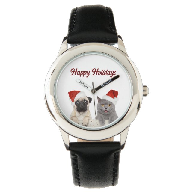 Kat en Hond Vrolijk Kerstfeest Gelukkig Vakantie K Horloge (Voorkant)