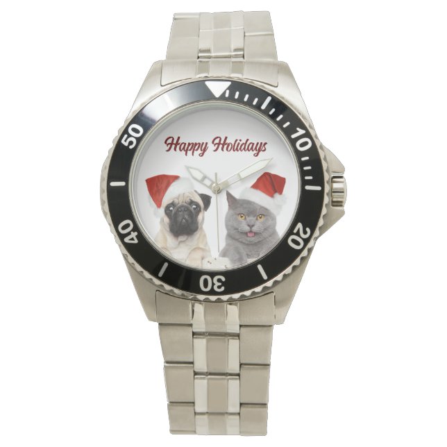 Kat en hond Vrolijk Kerstfeest Gelukkige Vakantie Horloge (Voorkant)