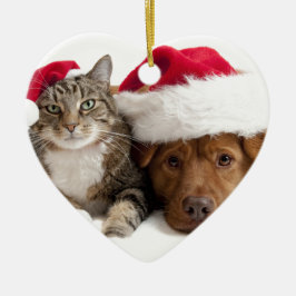 Kat en hond wensen een prettig kerstfeest keramisch ornament