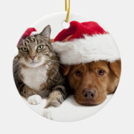 Kat en hond wensen een prettig kerstfeest keramisch ornament