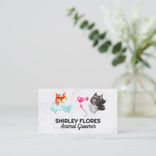 Kat en hond worden gewassen | verzorger visitekaartje (Staand voorkant)