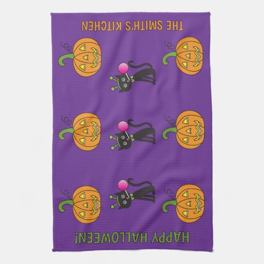 Kat en Jack-O-Lantern keukenhanddoek (Verticaal)