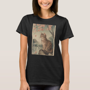 Kat en Kersenbloesem boom Japanse Houtblok KUNST T-shirt