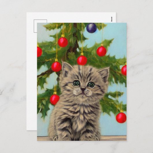 kat en kerstboom feestdagenkaart (Voorkant / Achterkant)