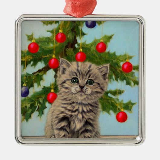 kat en kerstboom metalen ornament (Voorkant)