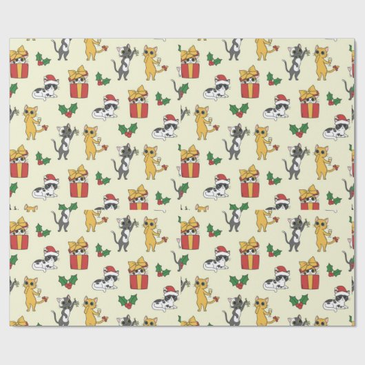 Kat en kerstpatronen cadeaupapier (Vlak)