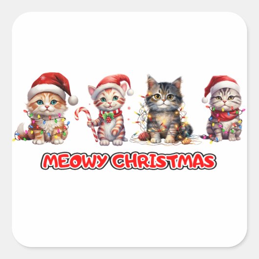 Kat en Kerstverlichting Meowy Kerstmis Vierkante Sticker (Voorkant)