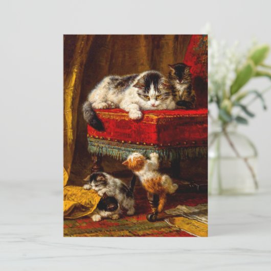 Kat en Kittens Spelen met Stoel Kaart (Staand voorkant)