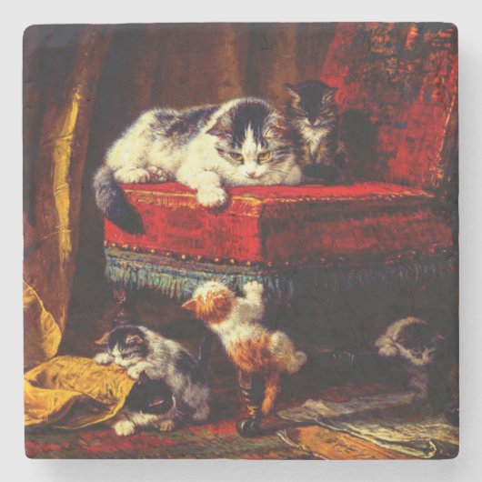 Kat en Kittens spelen met voorzitter Stenen Onderzetter (Voorkant)