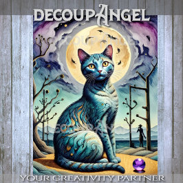 Kat en Maan in Paarse en Blauwe Decoupage Tissuepapier