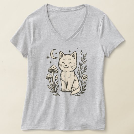 Kat en Mashroom Vrouwen Basic V-hals T-shirt (Laagn)
