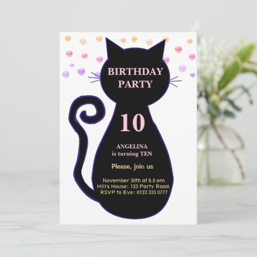 Kat- en meerkleurige uitnodiging voor Confetti op  (Staand voorkant)