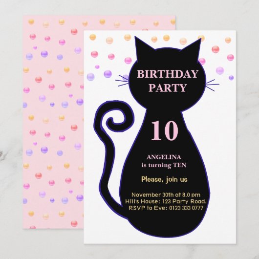 Kat- en meerkleurige uitnodiging voor Confetti op  (Voorkant / Achterkant)