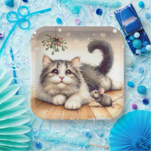 Kat en muis met maretak papieren bordje (Feest)