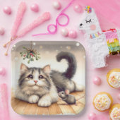 Kat en muis met maretak papieren bordje (Feest)