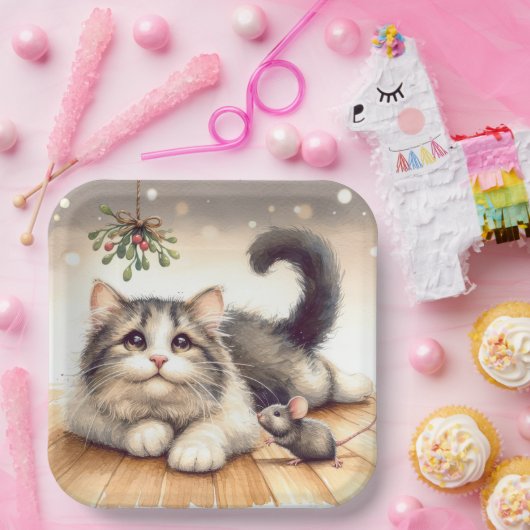 Kat en muis met maretak papieren bordje (Feest)
