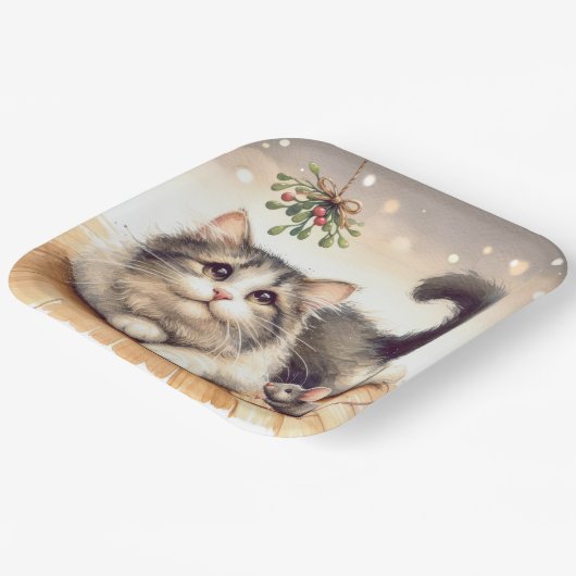 Kat en muis met maretak papieren bordje (Gebogen)