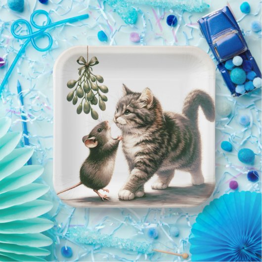 Kat en muis met maretak papieren bordje (Feest)