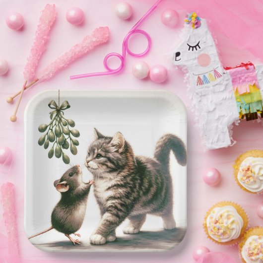 Kat en muis met maretak papieren bordje (Feest)
