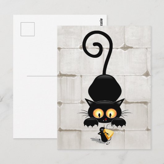 Kat en muis met tekenfilm op kaasdeeg briefkaart (Voorkant / Achterkant)