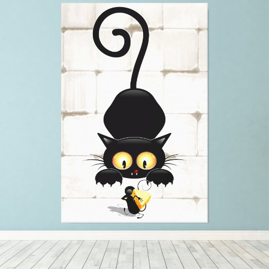 Kat en muis met tekenfilm op kaasdeeg canvas afdruk (Insitu (Houten vloer))