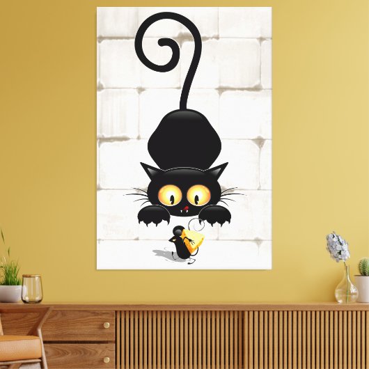 Kat en muis met tekenfilm op kaasdeeg canvas afdruk (Insitu (Woonkamer))