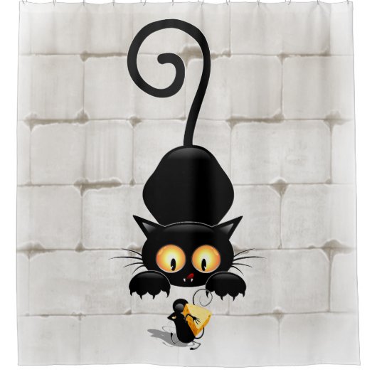 Kat en muis met tekenfilm op kaasdeeg douchegordijn (Voorkant)