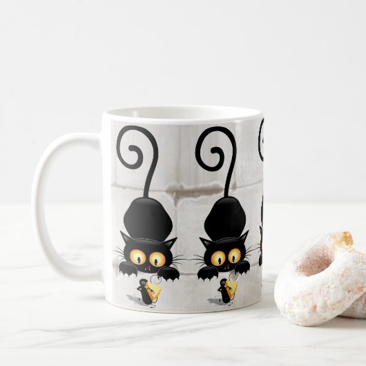 Kat en muis met tekenfilm op kaasdeeg koffiemok (Met donut)