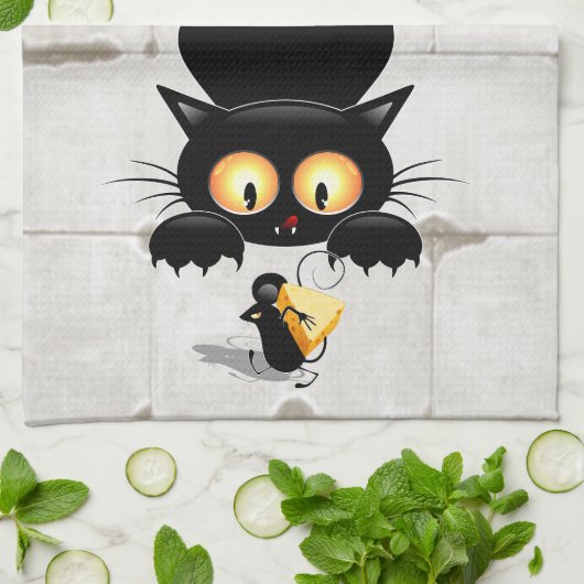 Kat en muis met tekenfilm op kaasdeeg theedoek (Gevouwen)