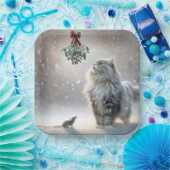 Kat en muis onder de maretak papieren bordje (Feest)