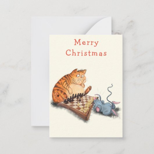 Kat en Muis Spelen Schaken Grappige Kerst Kaart Notitiekaartje (Voorkant)
