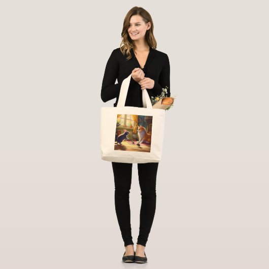Kat en muis vriendschap - speelse ontmoeting grote tote bag (Voorkant (model))