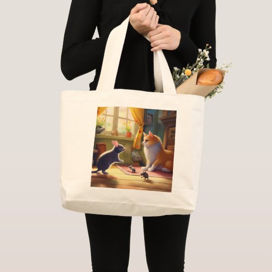 Kat en muis vriendschap - speelse ontmoeting grote tote bag (Voorkant (product))