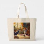 Kat en muis vriendschap - speelse ontmoeting grote tote bag (Achterkant)